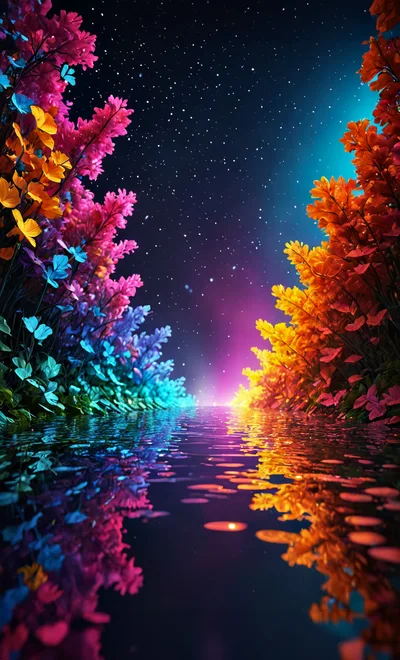 Bioluminescent Floral Landscape With Reflective Water Surface