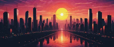 Futuristic City Skyline At Sunset Over River