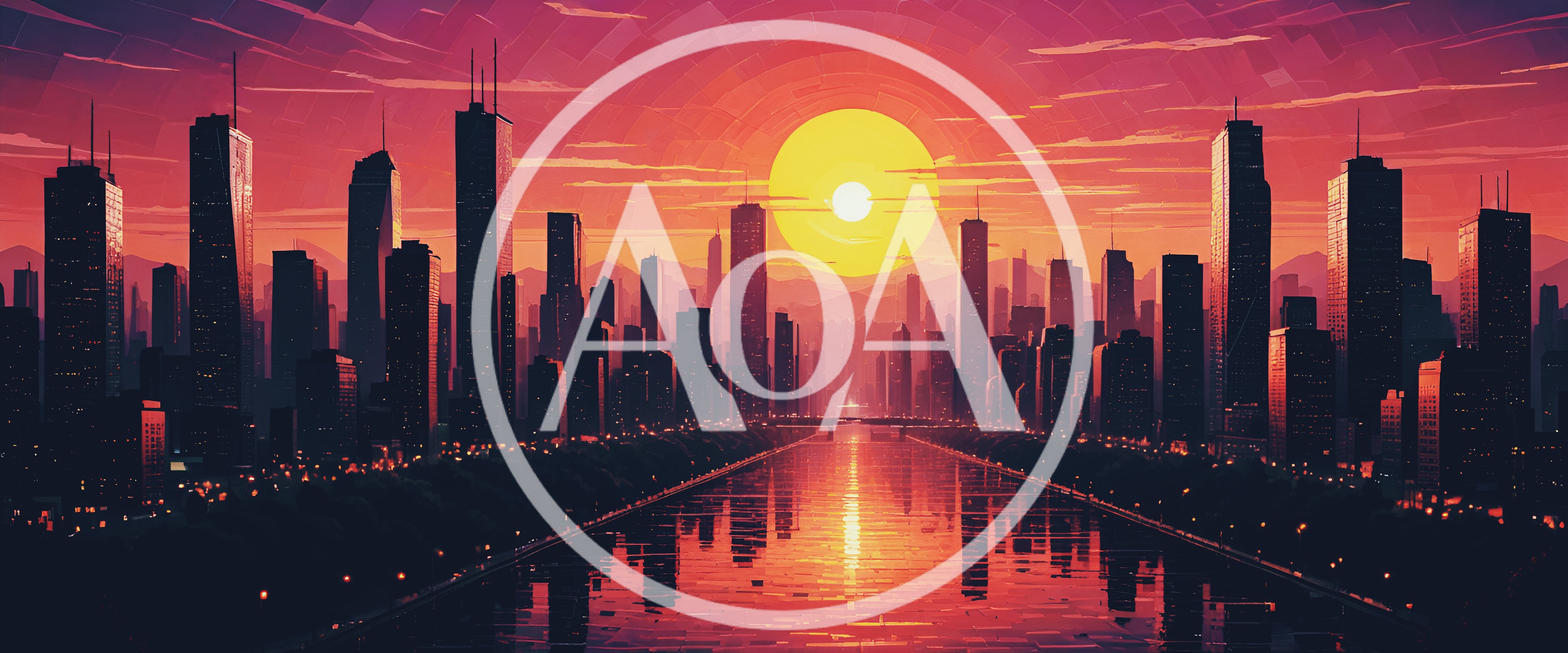 Futuristic City Skyline At Sunset Over River