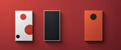 Three Minimalist Abstract Art Panels On Red Wall