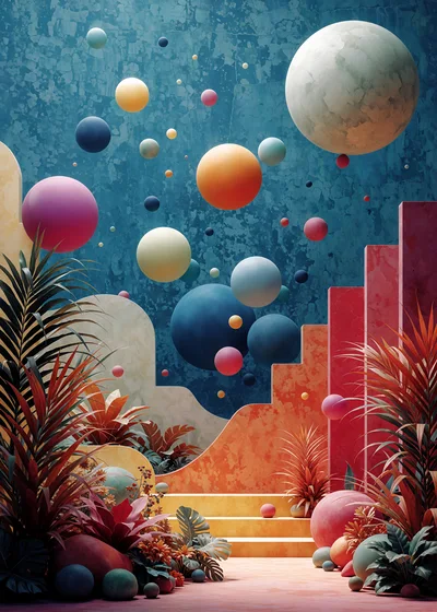 Surreal Abstract Landscape With Floating Spheres And Tropical Plants