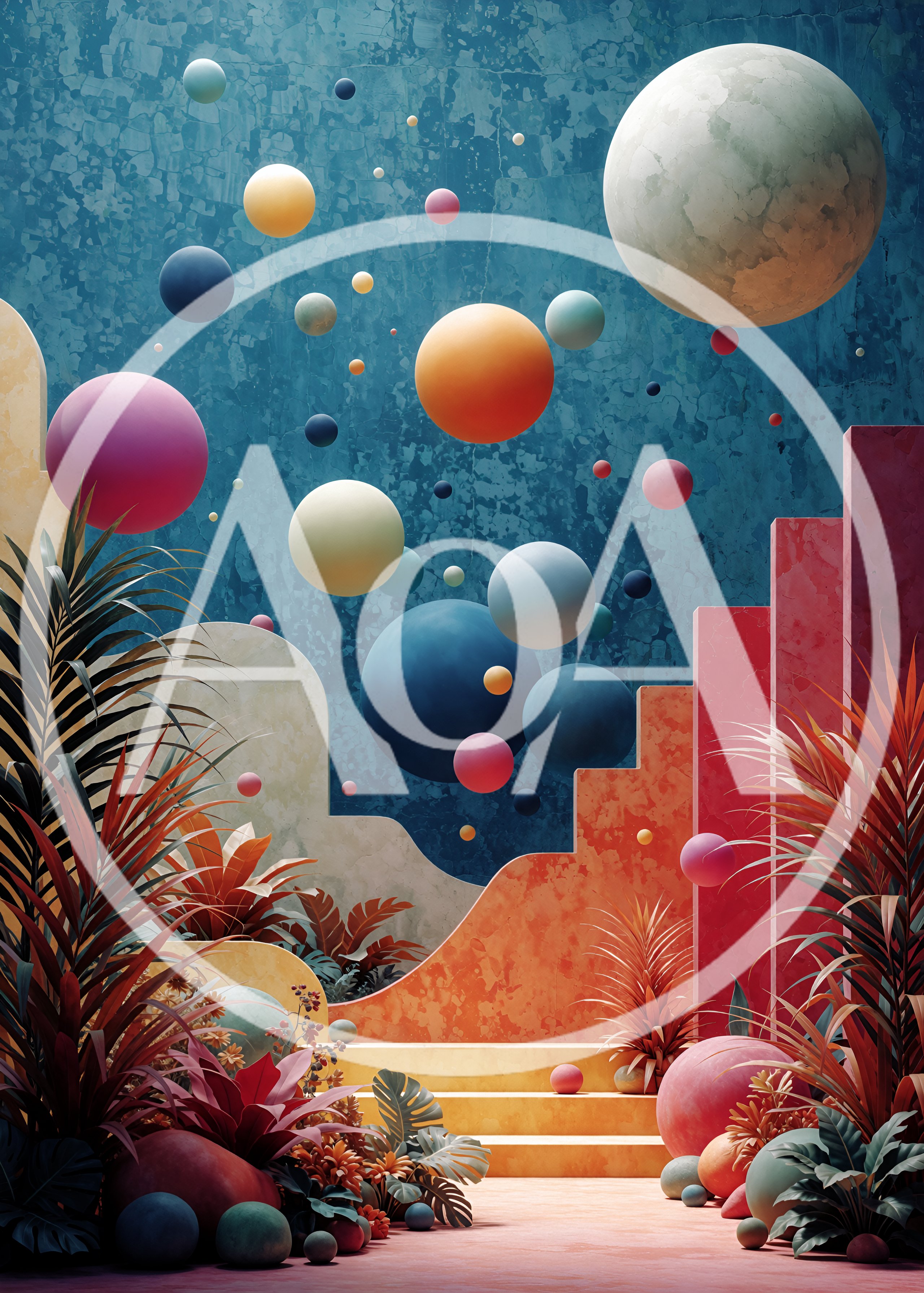 Surreal Abstract Landscape With Floating Spheres And Tropical Plants