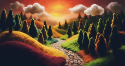 Felted Wool Landscape With Winding Cobblestone Path