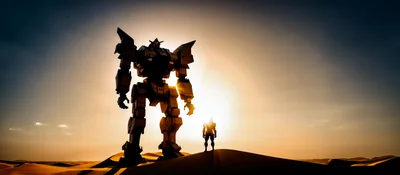 Giant Mecha Robot Standing With Pilot In Desert