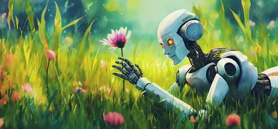 Robot Examining A Pink Flower In A Meadow