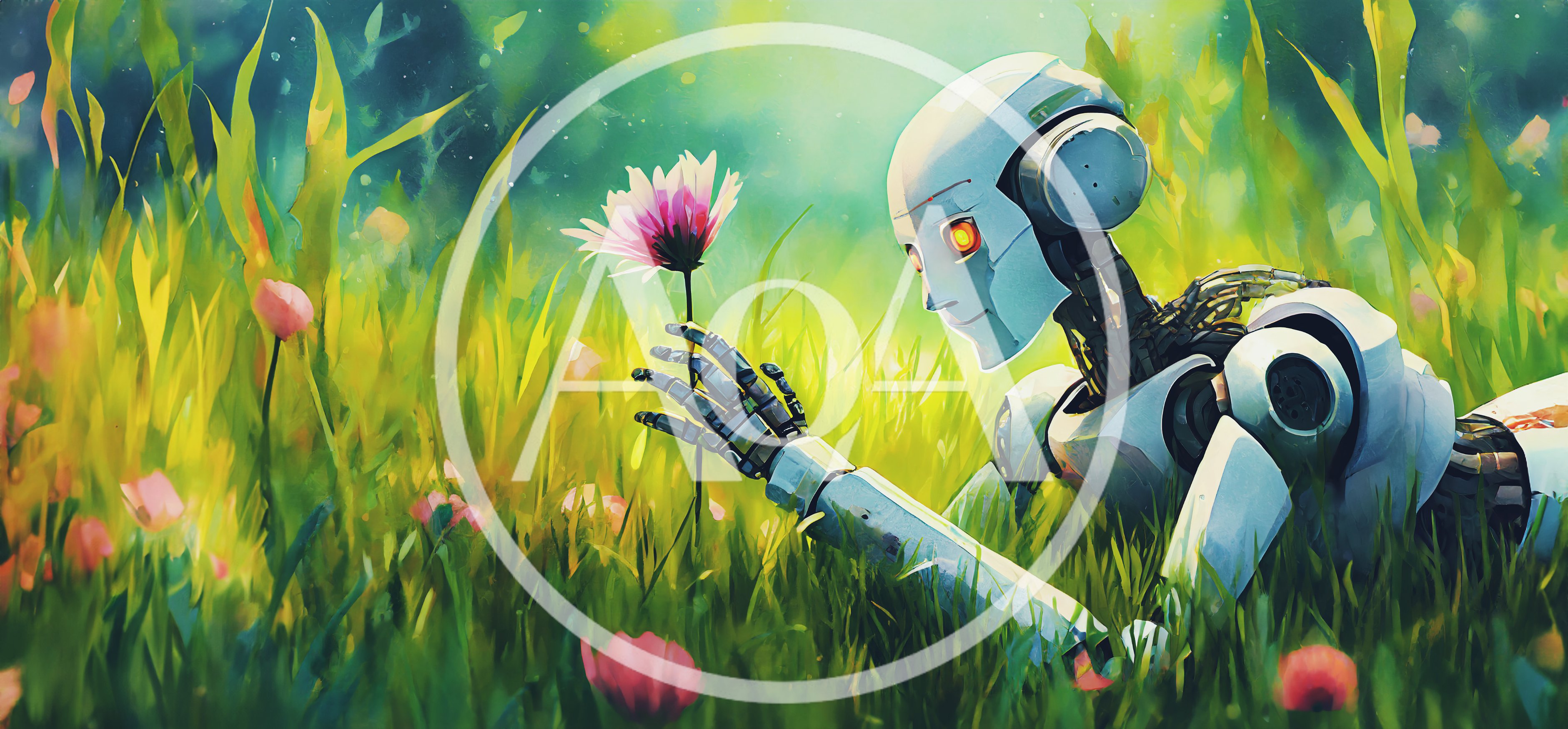 Robot Examining A Pink Flower In A Meadow