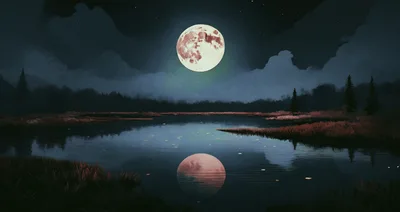 Full Moon Reflecting Over A Calm Dark Lake