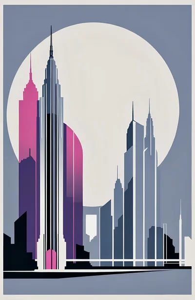 Art Deco Style Cityscape Illustration With Large Moon