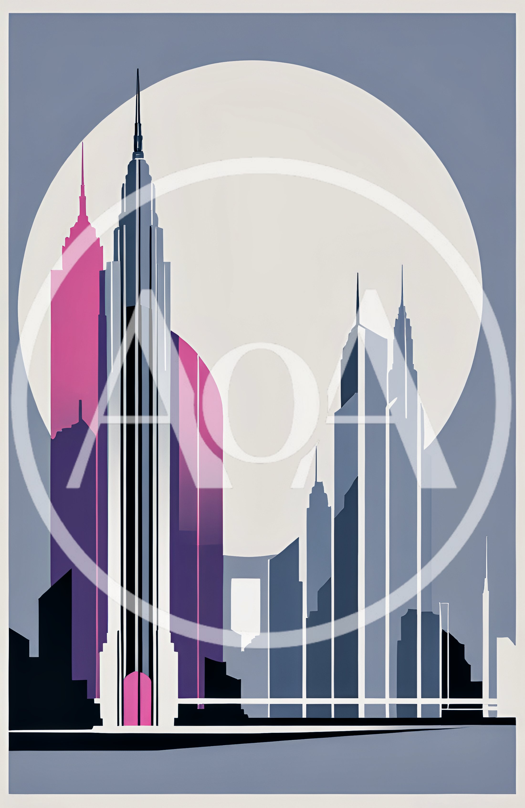 Art Deco Style Cityscape Illustration With Large Moon