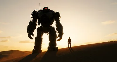 Giant Mech Robot Standing With Astronaut In Desert