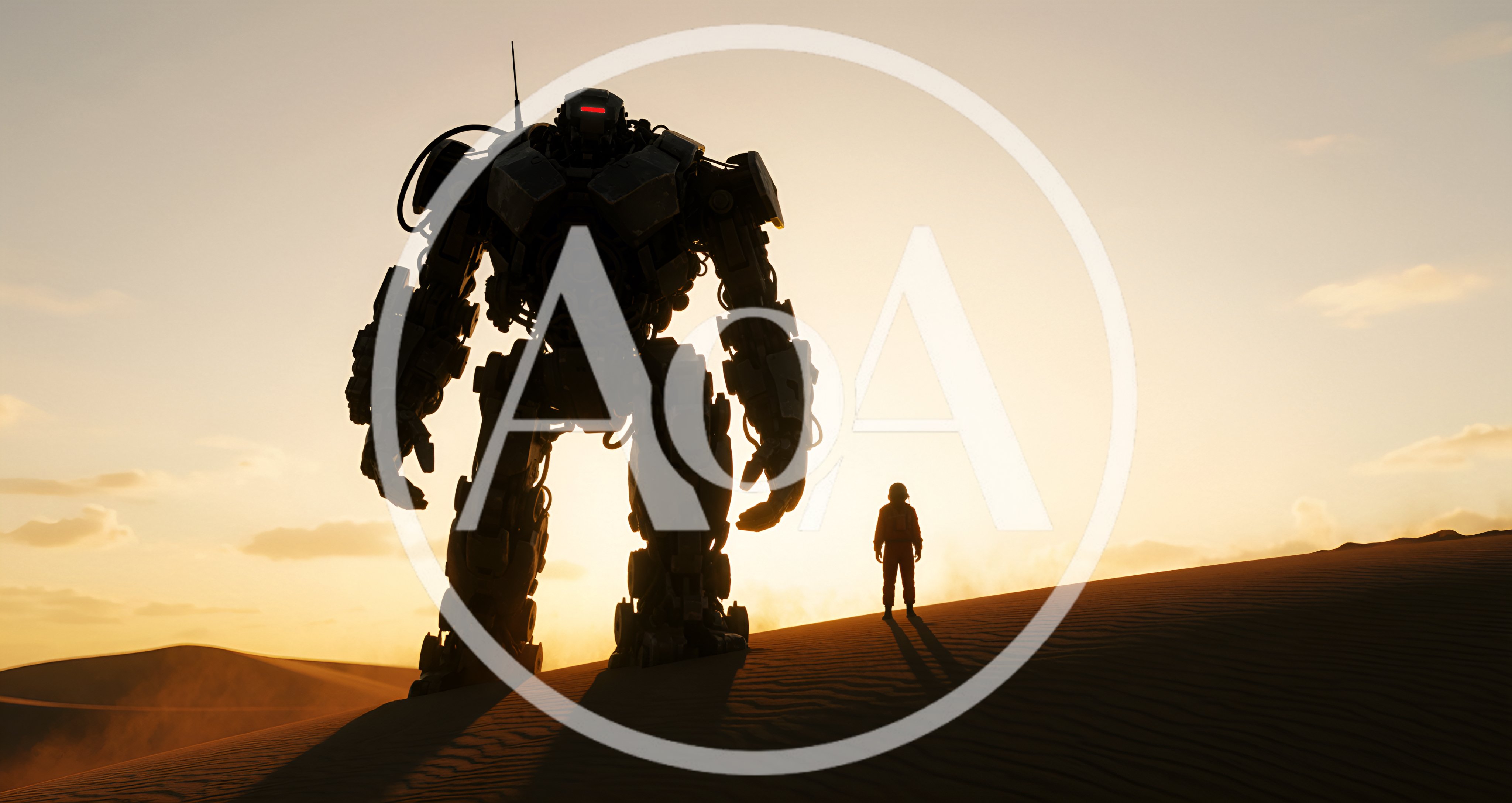 Giant Mech Robot Standing With Astronaut In Desert