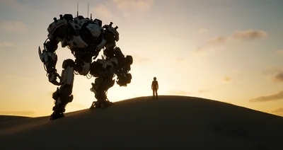Giant Mech Robot Standing Beside Human In Desert