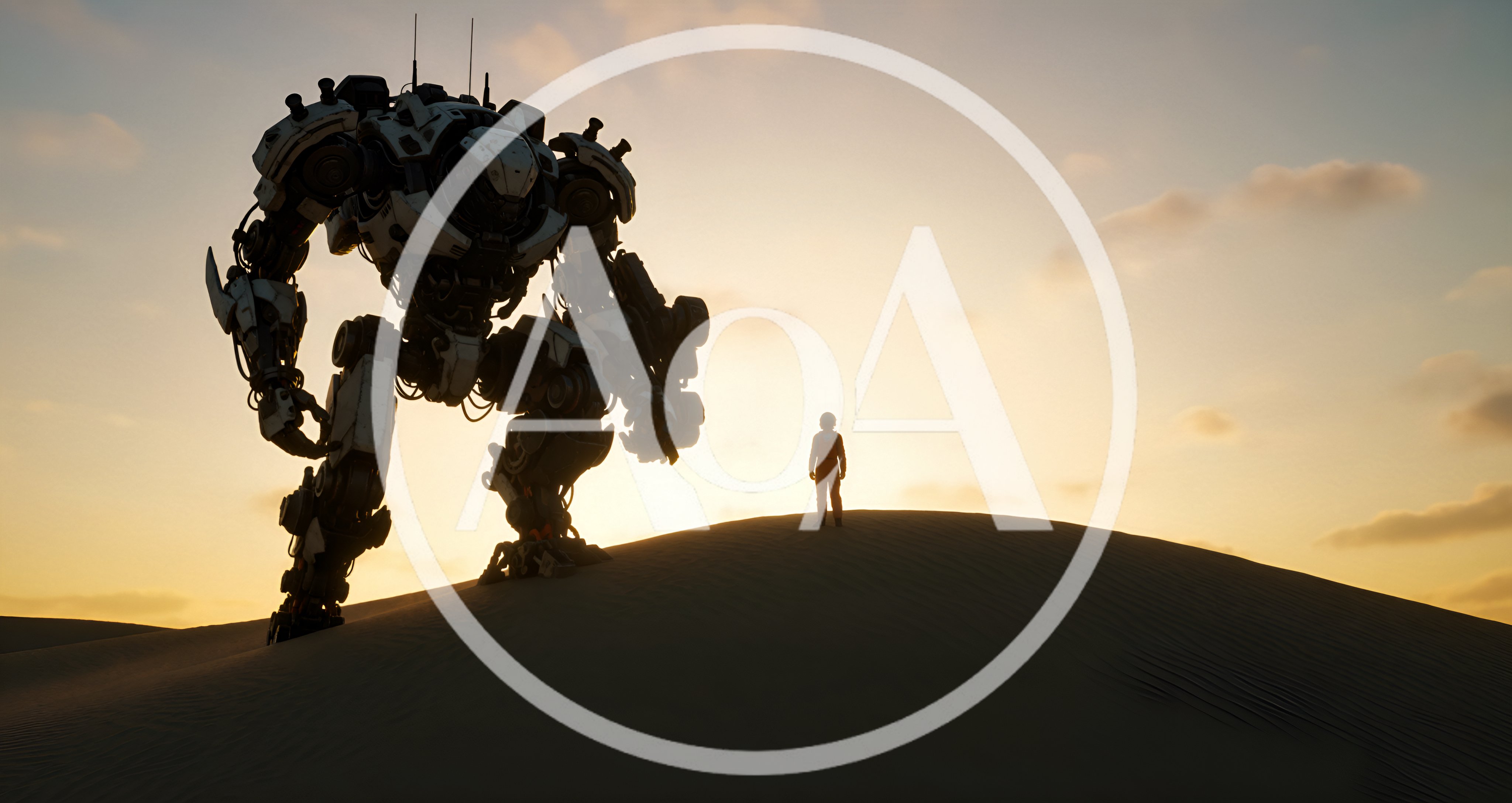 Giant Mech Robot Standing Beside Human In Desert