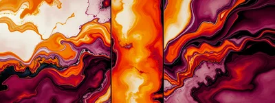 Abstract Fluid Art Triptych With Orange And Purple Swirls