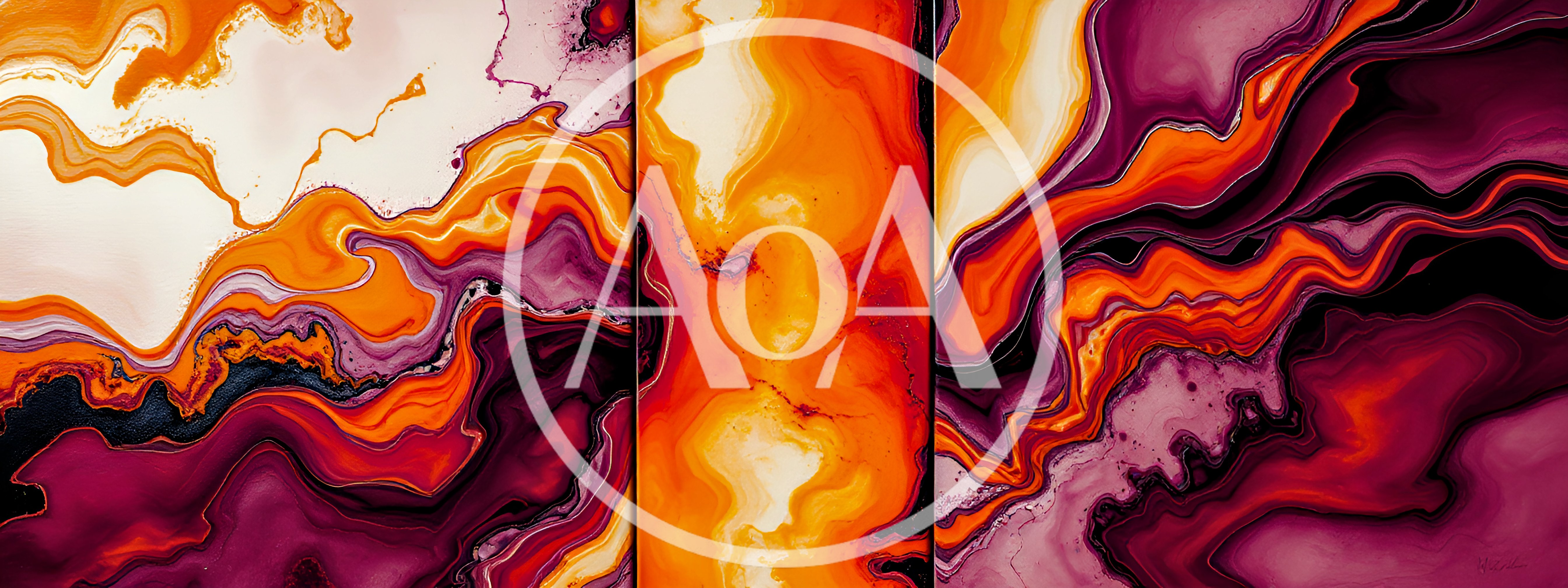 Abstract Fluid Art Triptych With Orange And Purple Swirls