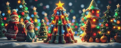 Whimsical Knitted Christmas Tree Scene With Characters