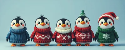 Five Cute Penguins Wearing Festive Winter Sweaters
