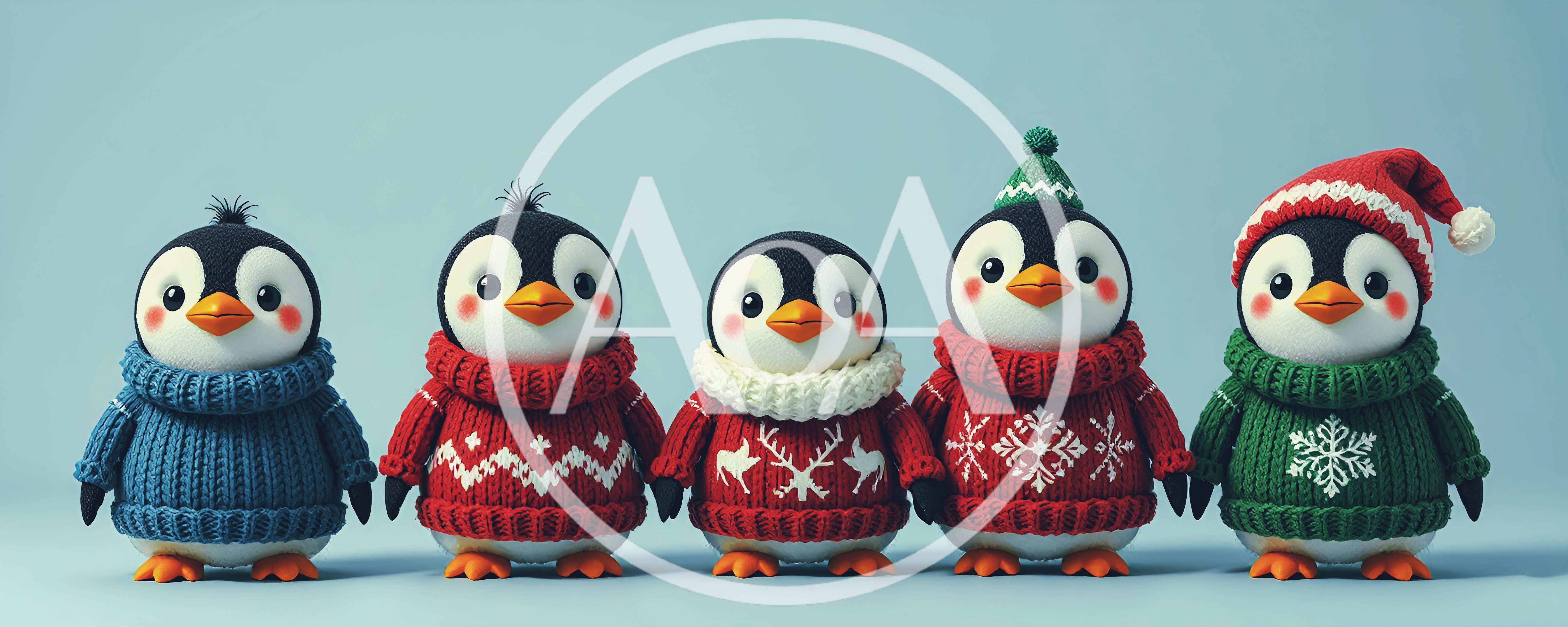 Five Cute Penguins Wearing Festive Winter Sweaters
