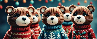 Group Of Knitted Teddy Bears In Christmas Sweaters