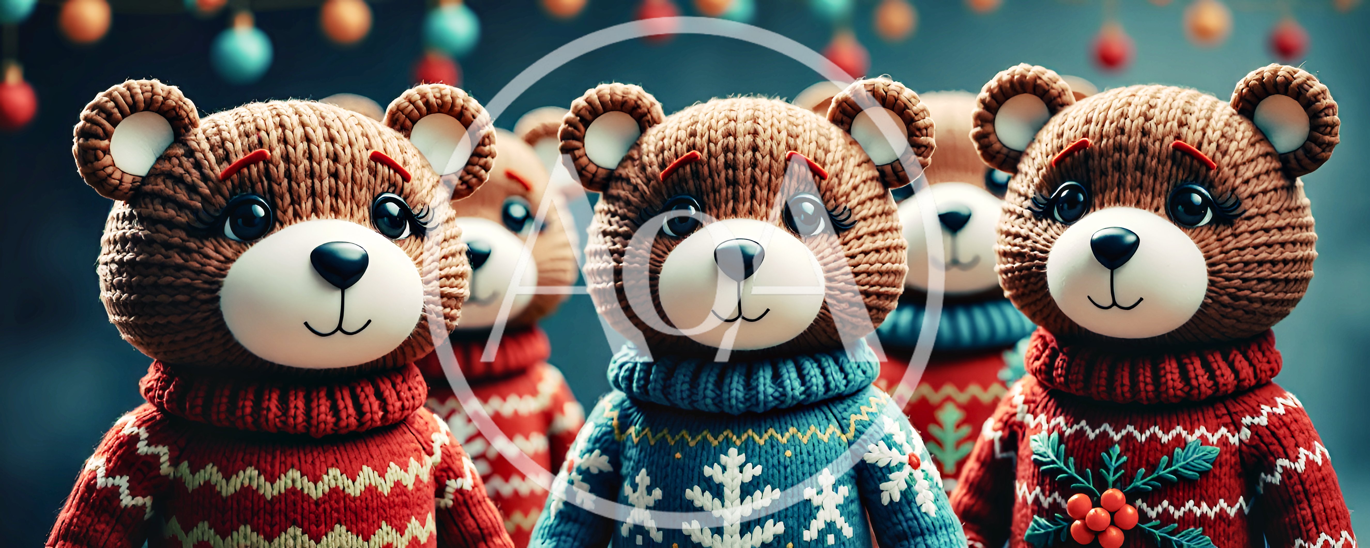 Group Of Knitted Teddy Bears In Christmas Sweaters