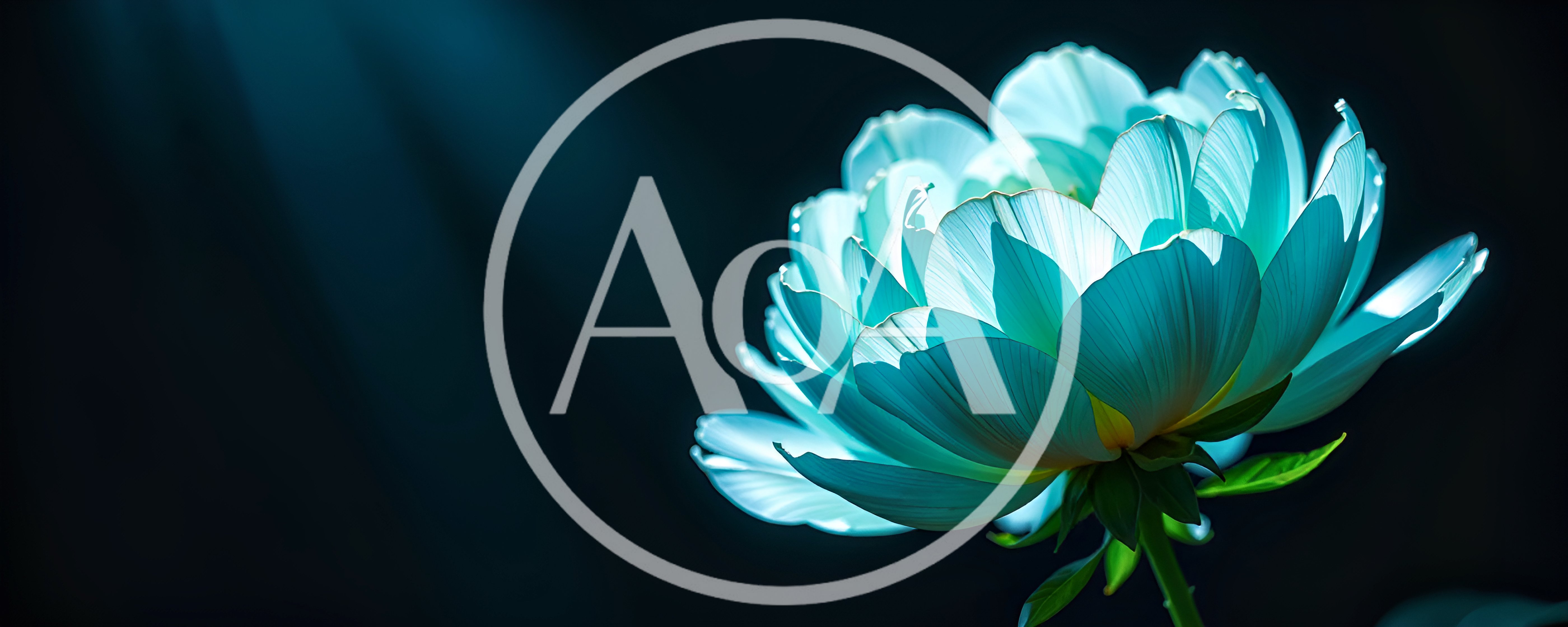 Glowing Cyan Peony Flower Against Dark Background