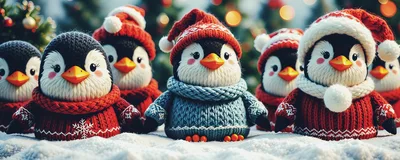 Group Of Cute Knitted Penguin Figurines In Winter Attire