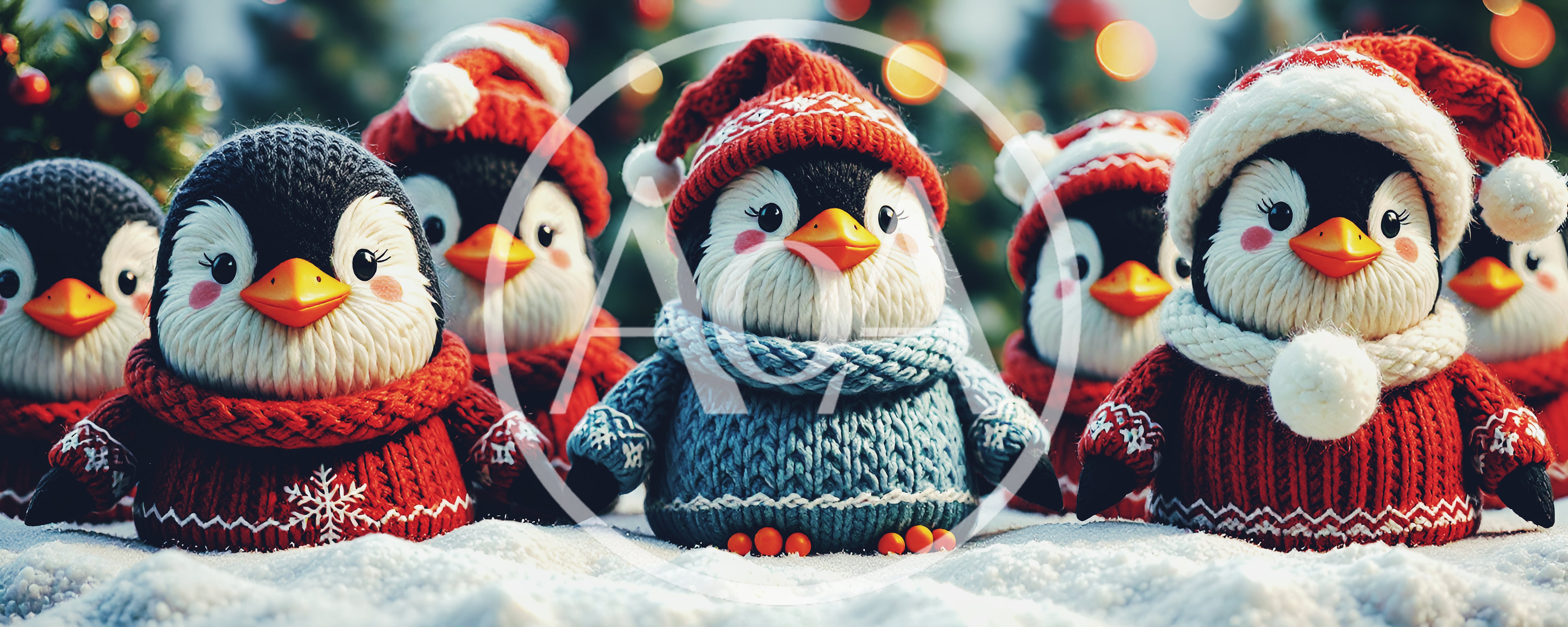 Group Of Cute Knitted Penguin Figurines In Winter Attire