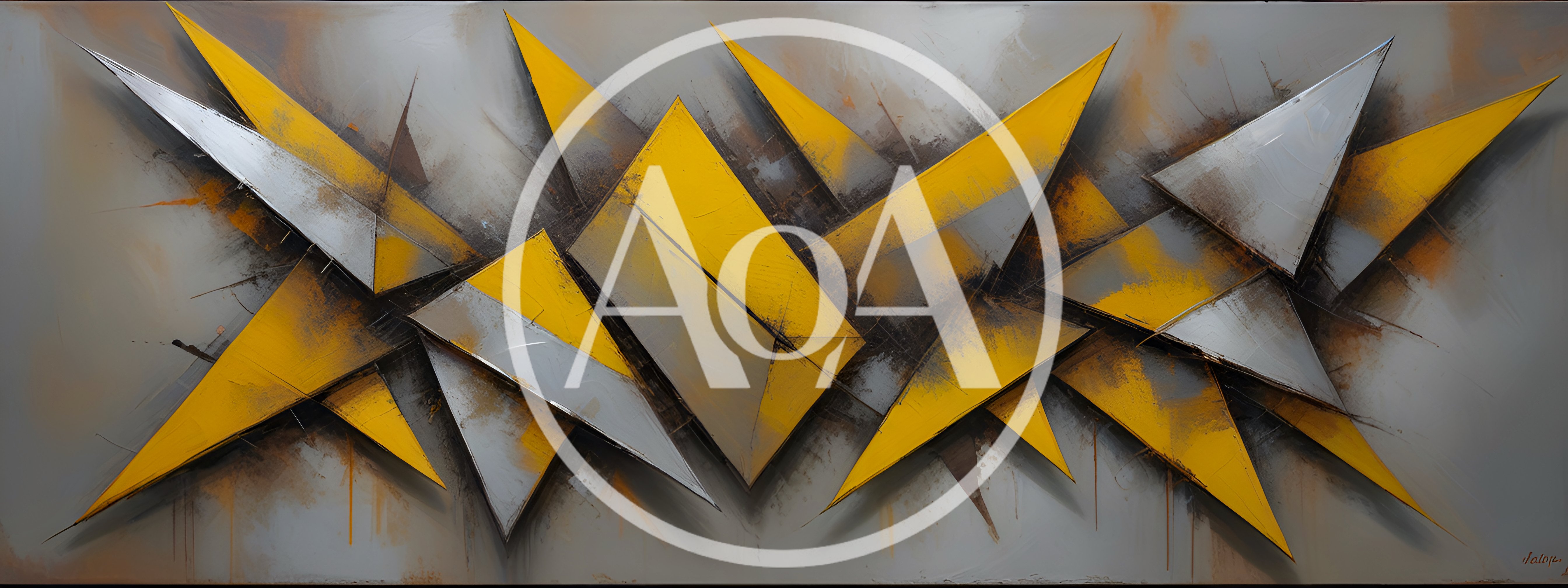 Abstract Geometric Painting With Yellow And Silver Triangles