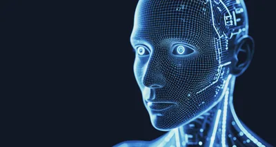 Digital Humanoid Head With Glowing Circuitry Wireframe