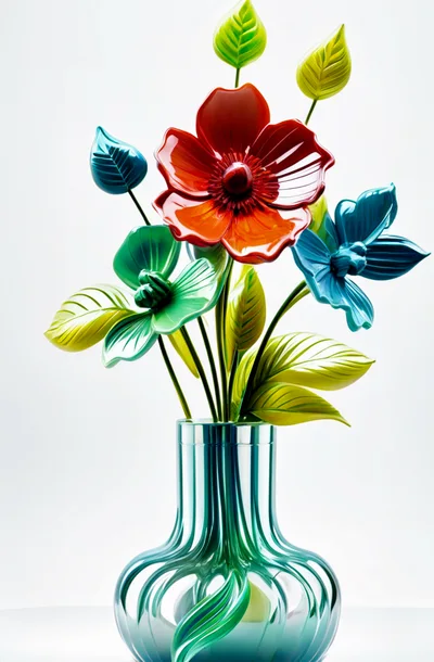 Glossy Ceramic Flowers In A Ribbed Glass Vase