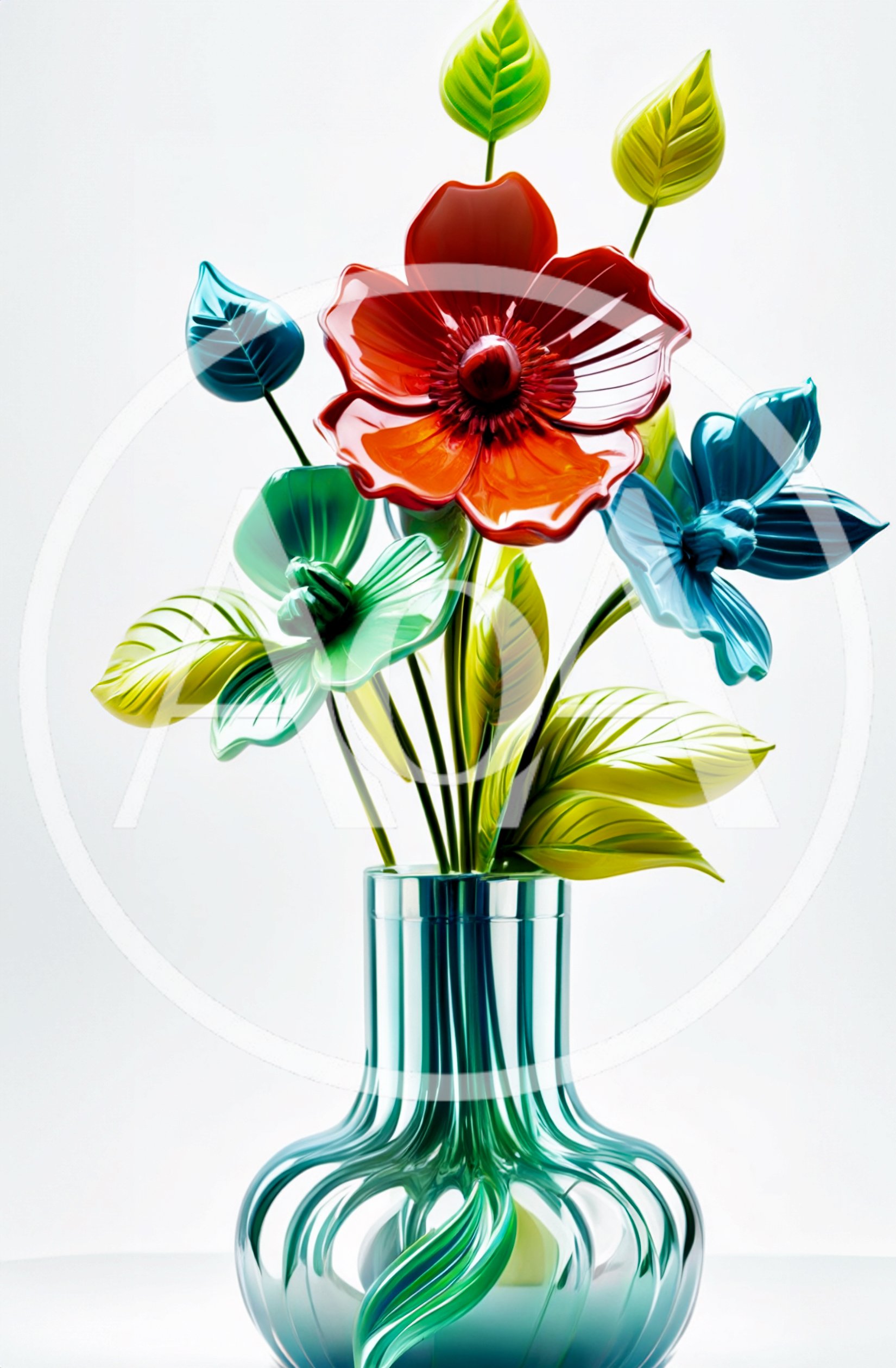 Glossy Ceramic Flowers In A Ribbed Glass Vase