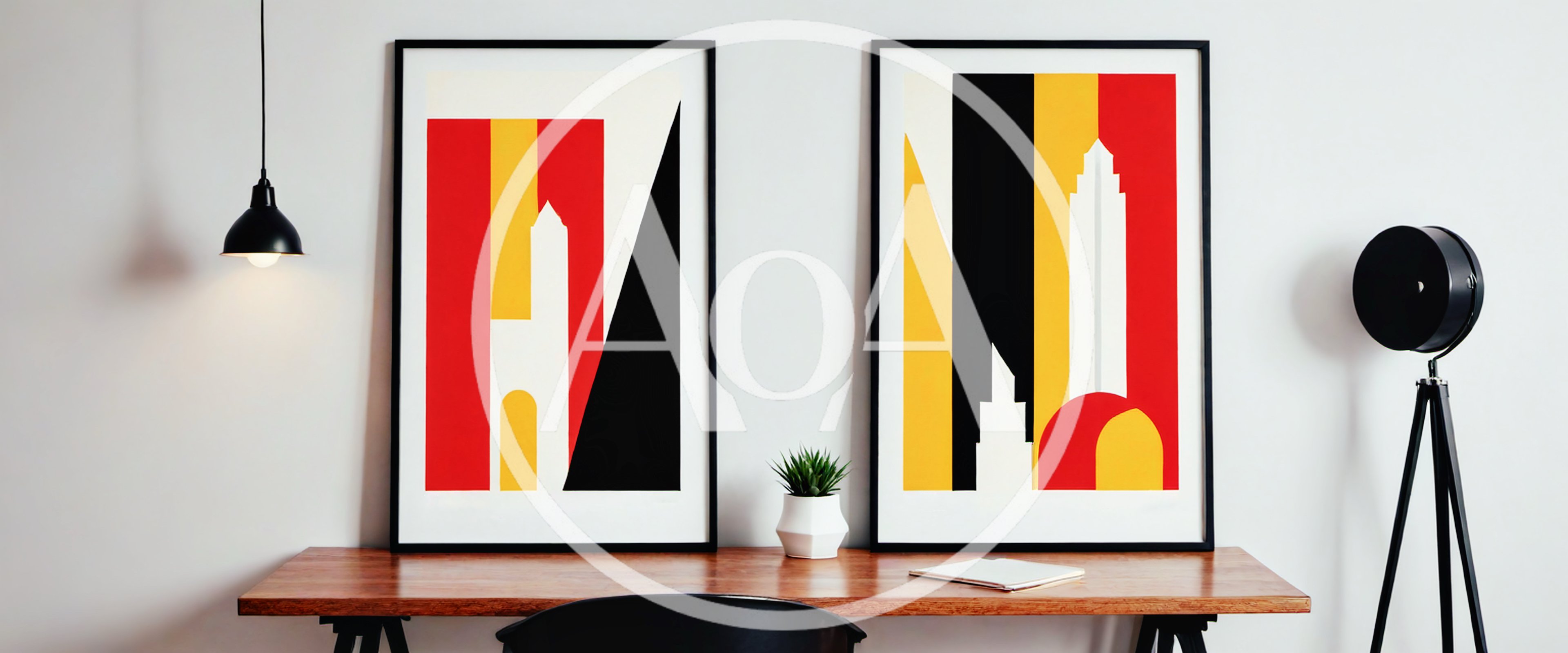 Modern Minimalist Art Prints On Wooden Desk