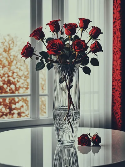 Bouquet Of Red Roses In A Crystal Vase