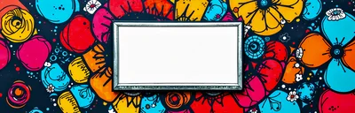 Blank Rectangular Frame Over Colorful Floral Doodle Background