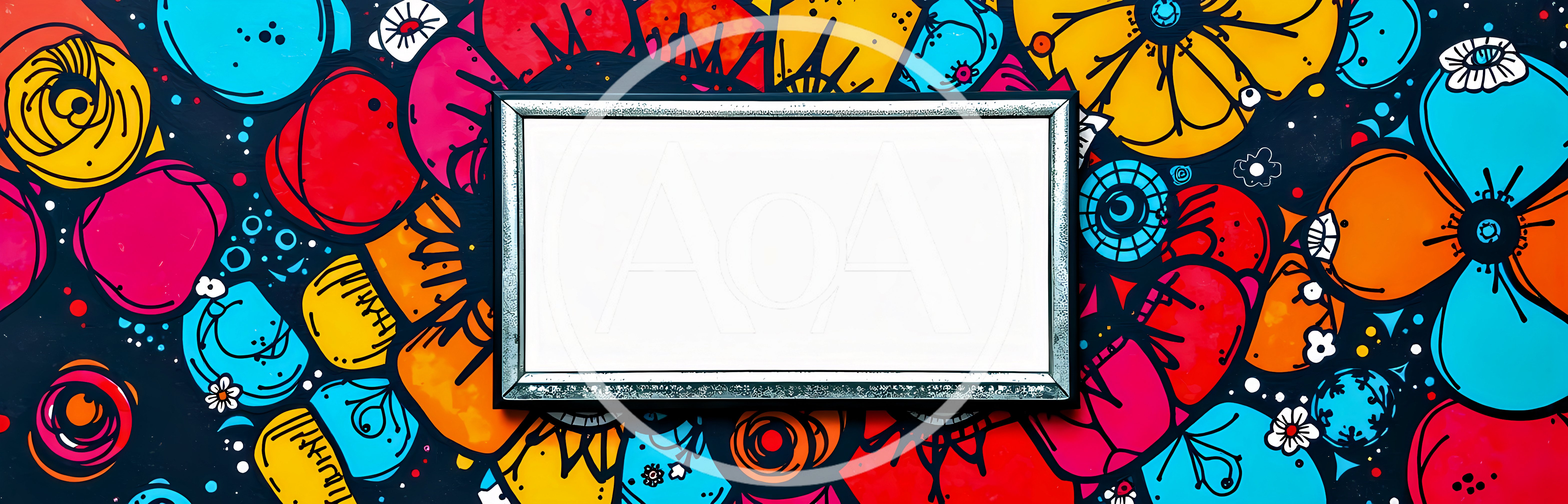Blank Rectangular Frame Over Colorful Floral Doodle Background