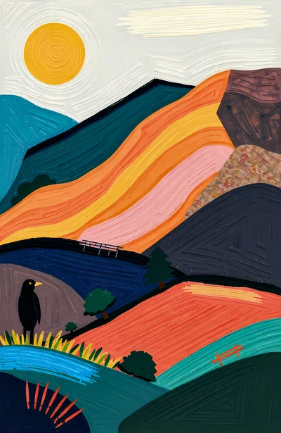 Stylized Landscape Painting With A Bird And Sun
