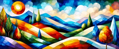 Abstract Stained Glass Style Landscape With Rolling Hills