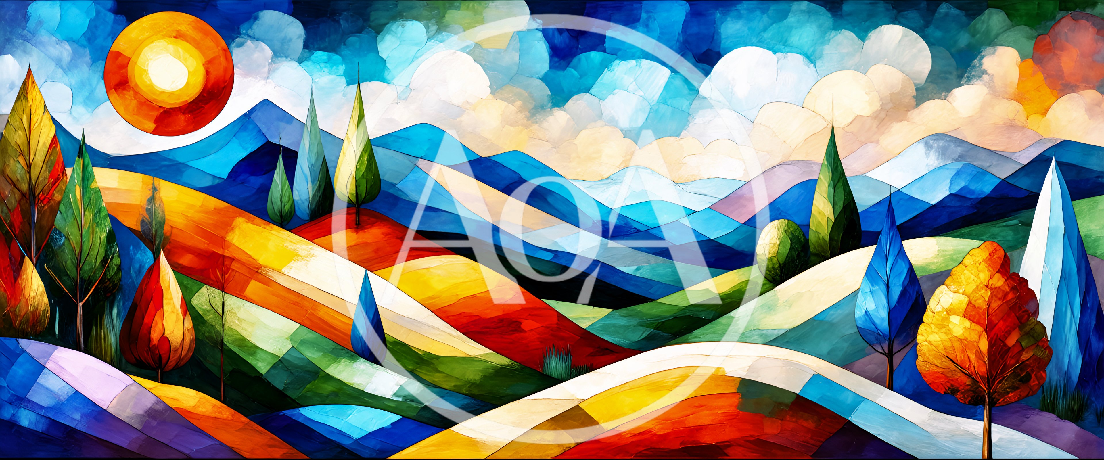 Abstract Stained Glass Style Landscape With Rolling Hills