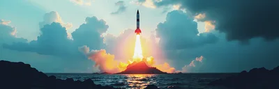 Rocket Launching From A Remote Island At Sunset