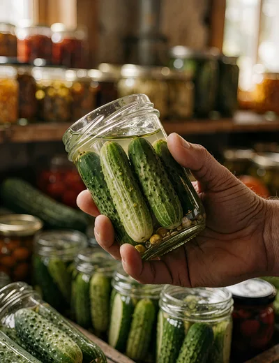 Hand Holding A Jar Of Homemade Pickles