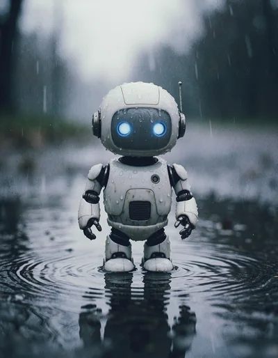 Small White Robot Standing In Rain Puddle