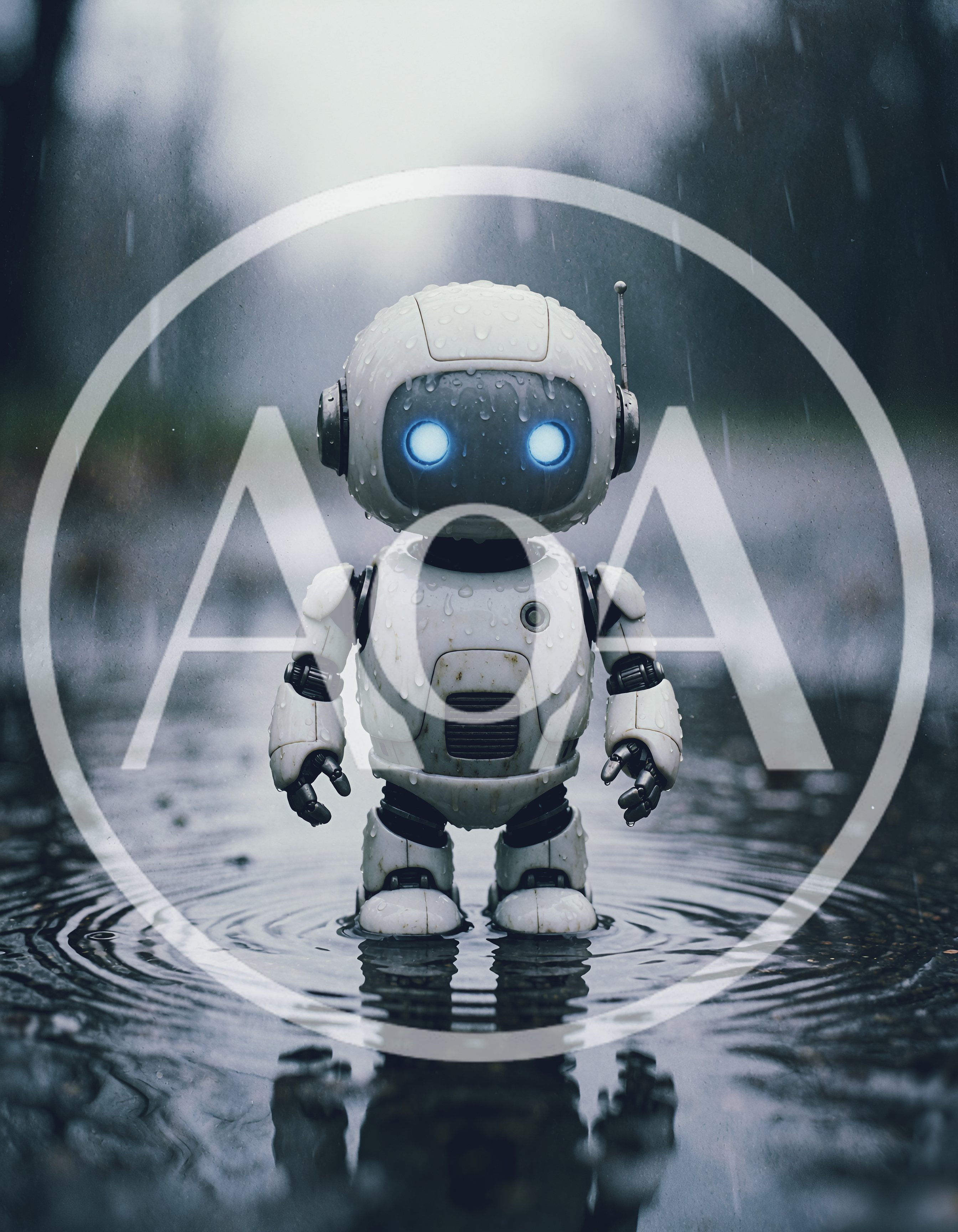 Small White Robot Standing In Rain Puddle