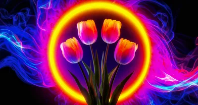 Vibrant Tulips Framed By Glowing Neon Ring