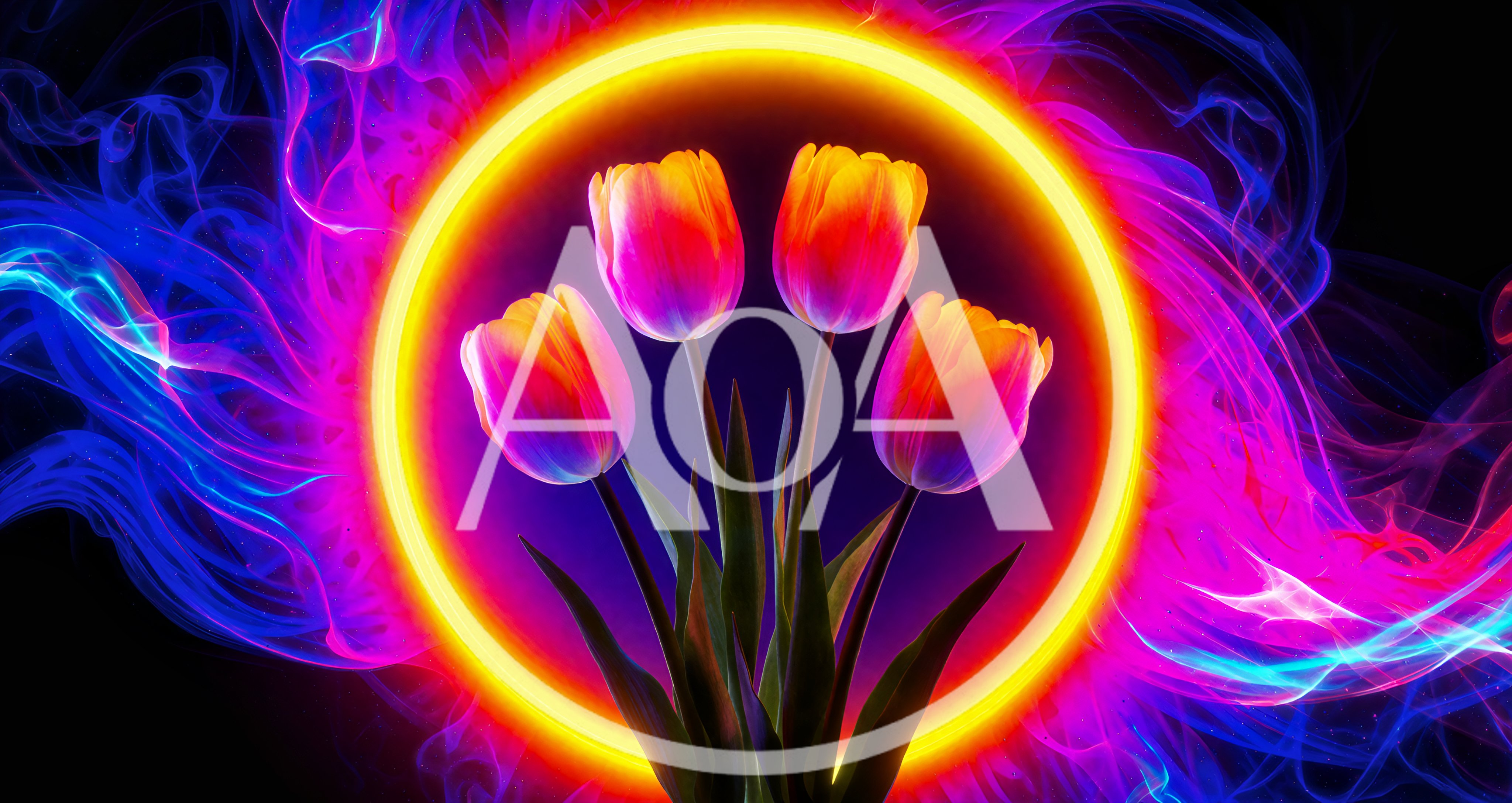 Vibrant Tulips Framed By Glowing Neon Ring