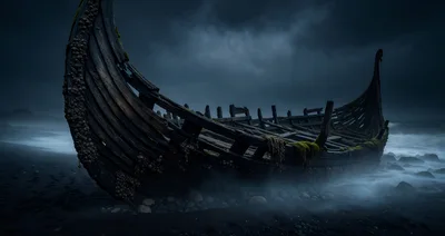 Ancient Viking Shipwreck On A Dark Misty Beach