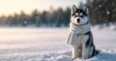 Cute Husky Puppy Wearing A Scarf In Snowy Landscape