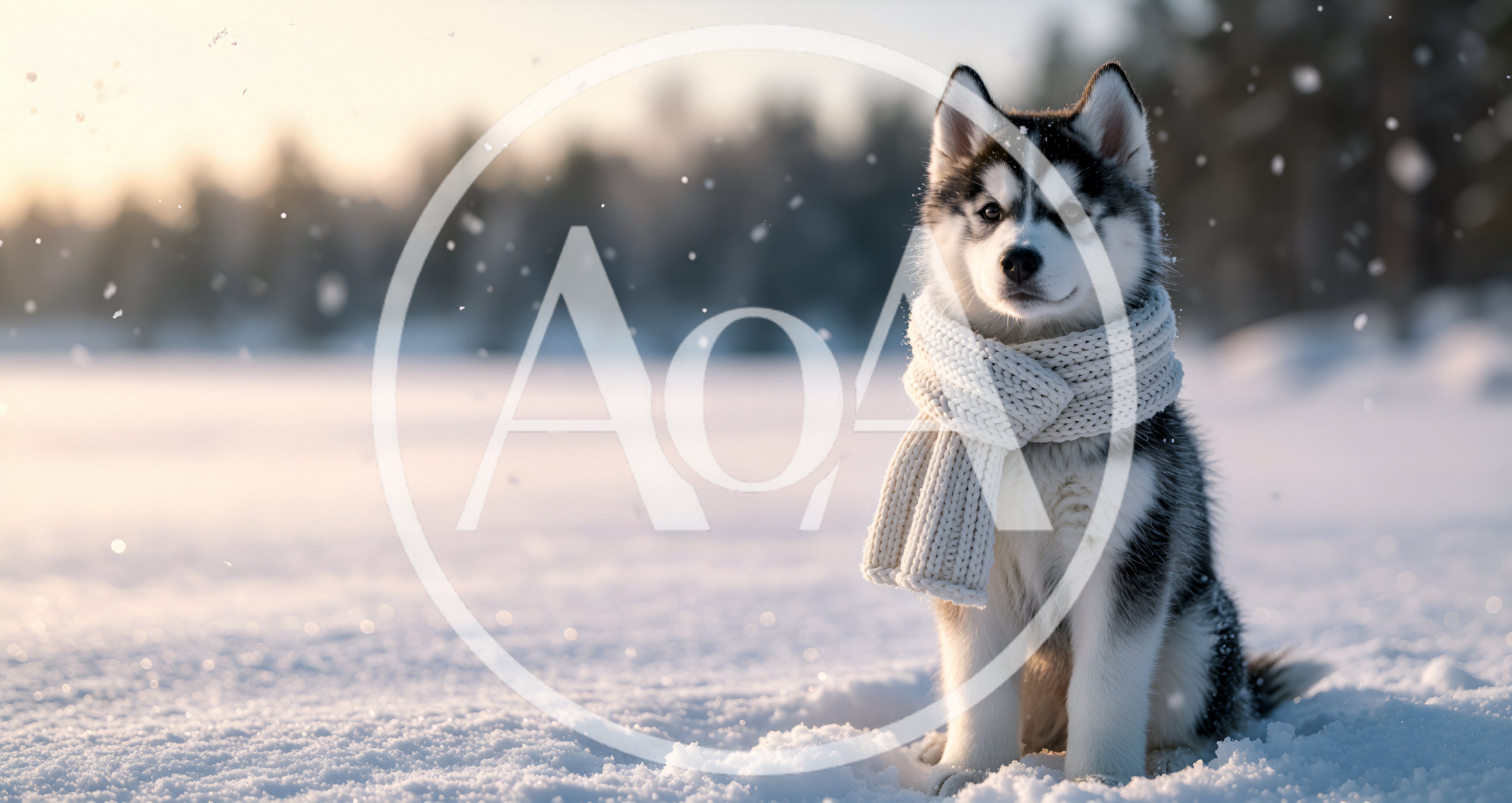 Cute Husky Puppy Wearing A Scarf In Snowy Landscape