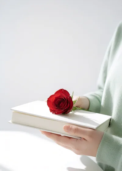 Person Holding A Red Rose On A White Book