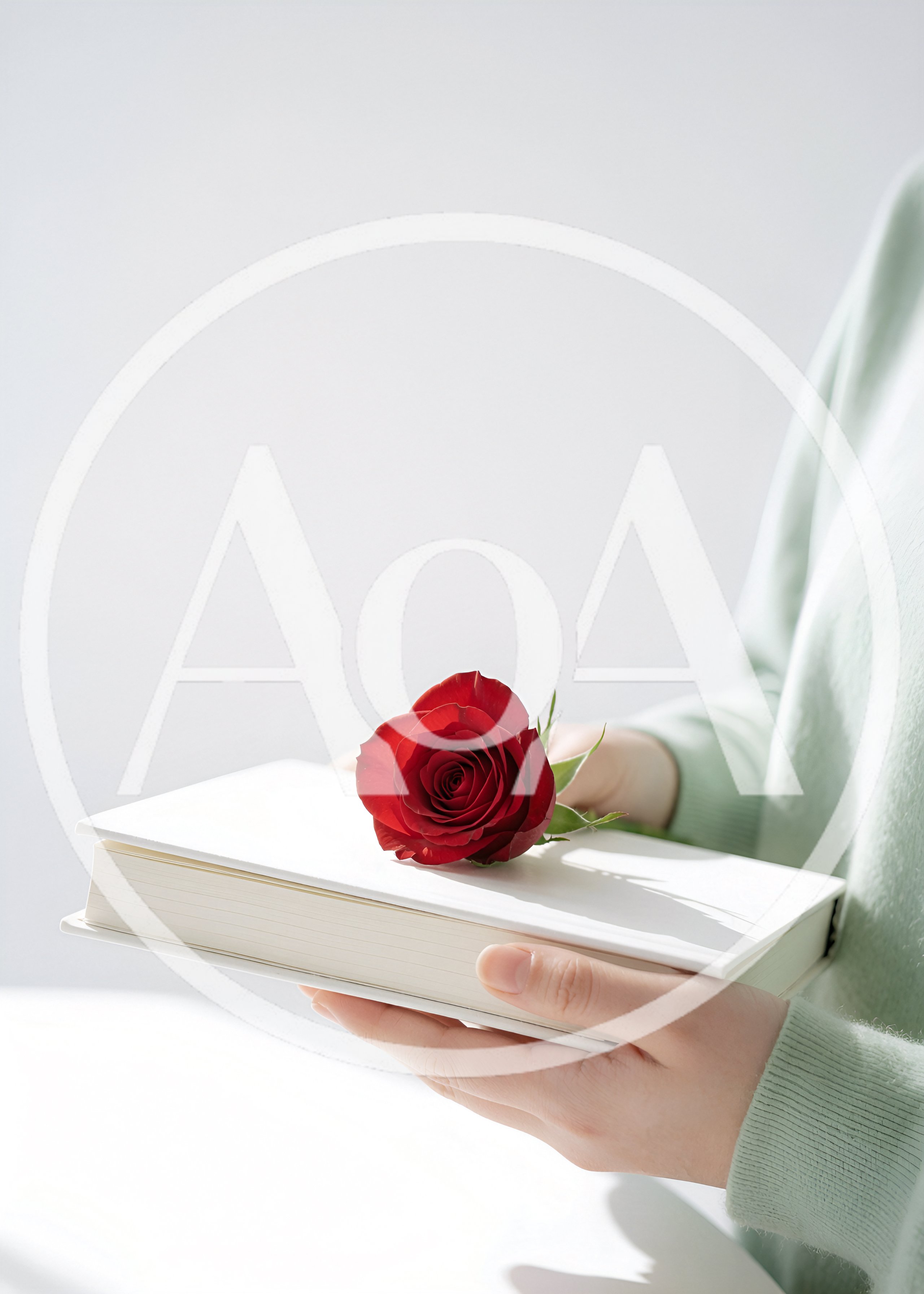 Person Holding A Red Rose On A White Book