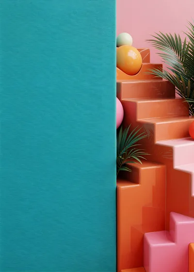 Abstract Geometric Staircase With Spheres And Tropical Plants